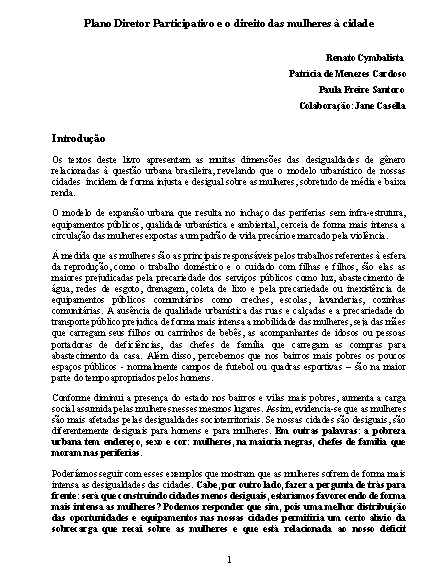 Plano Diretor Participativo e o direito das mulheres à cidade